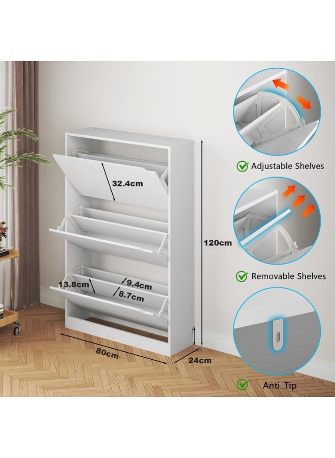 تشولوفز خزانة أحذية بيضاء بثلاثة أدراج قابلة للطي، منظم تخزين أحذية مخفي قائم بذاته للمدخل والردهة. الأبعاد: 80 سم × 24 سم × 120 سم - Image 2